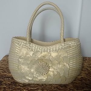 Lee Sands Metallic Basketweave Handbag with Yellow